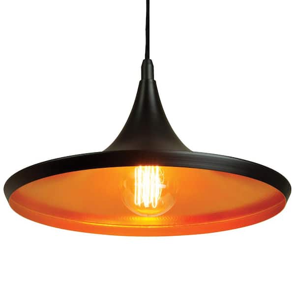 Sunlite 1-Light Matte Black Vintage Cone Style Adjustable Cord Length Pendant with Copper Reflector