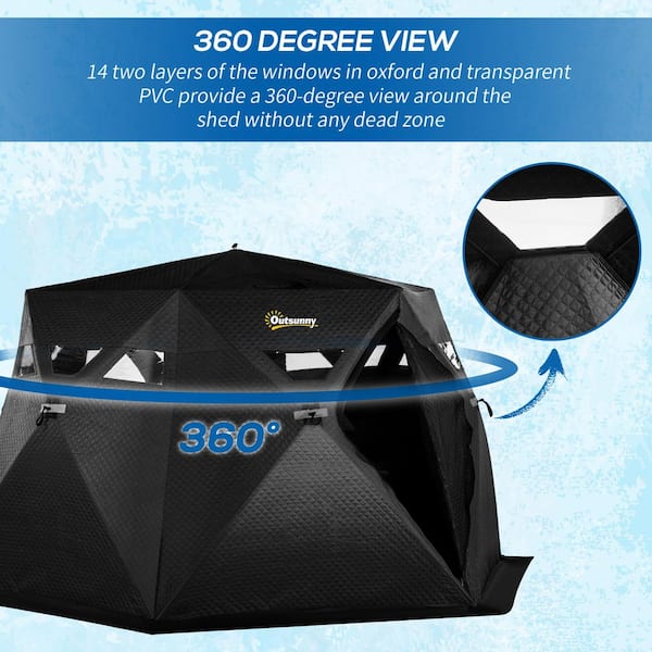 Outsunny 4-Person Insulated Ice Fishing Shelter 360-Degree View, Pop-Up Portable Ice Fishing Tent with Carry Bag, Black