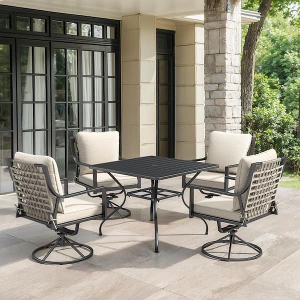Komodo Black 5-Piece Metal Outdoor Dining Set with Square Table, Gray Wicker Backrests, and Beige Cushions