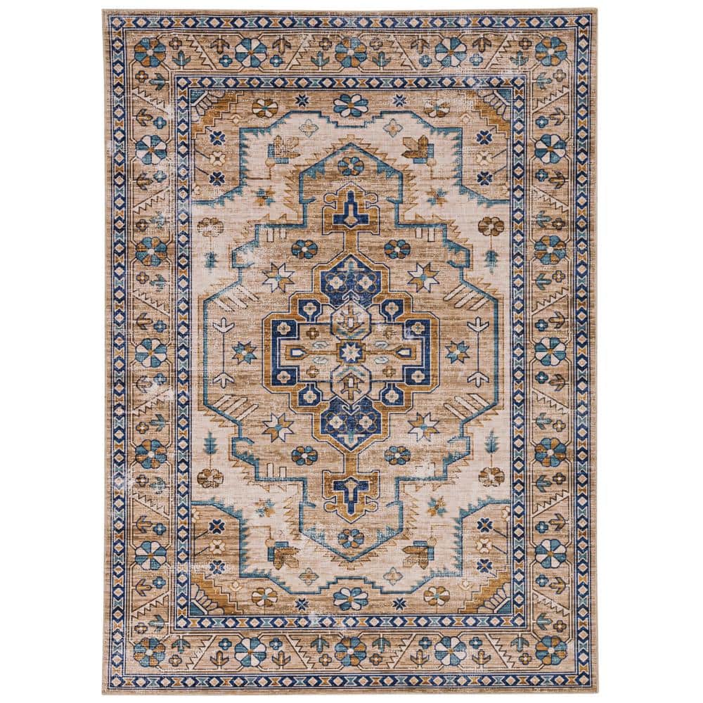 Washable Jackson Ivory and Gold 2 ft. x 3 ft. Distressed Polyester Area Rug