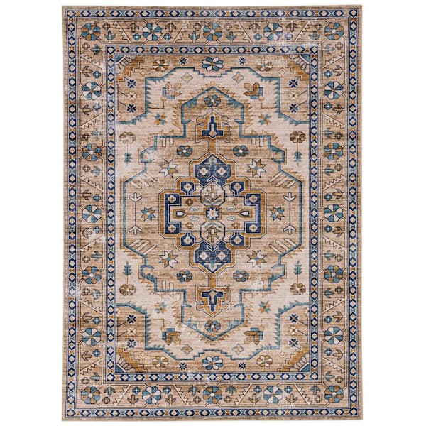 Linon Home Decor Washable Jackson Ivory and Gold 3 ft. x 5 ft. Distressed Polyester Area Rug
