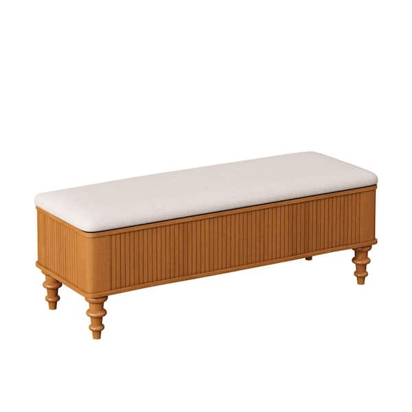 Jake Natural Linen Fabric Upholstered Rectangle Storage Ottoman Bench with Solid Wood Legs
