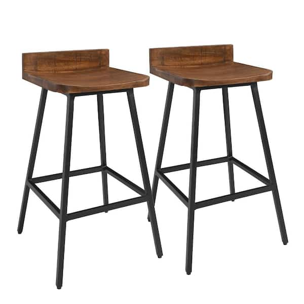 Benjara 27 in. Brown and Black Low Back Metal Bar Stool with Wooden Seat (Set of 2)
