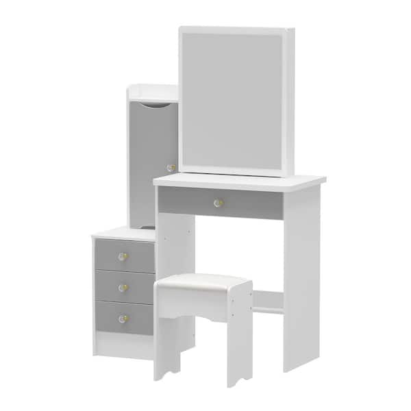 FUFU&GAGA Gray Wood Sliding Big Mirror Makeup Vanity Sets Dresser Table Sets With Storage Shelves, 4-Drawers and Stool