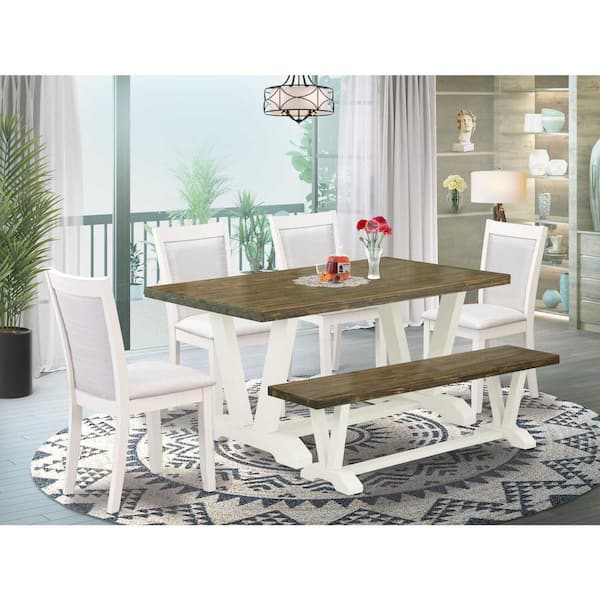 East West Furniture 6-Piece Rectangle Wire Brushed Linen White Finish Solid Wood Top Dining Table with 1-Bench, 4-Chairs with Lattice Back