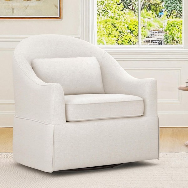 Masha 30 in. Cream Tweed Fabric Upholstered Paired Cushions Swivel Accent Chair Skirted Silhouette Barrel Chair
