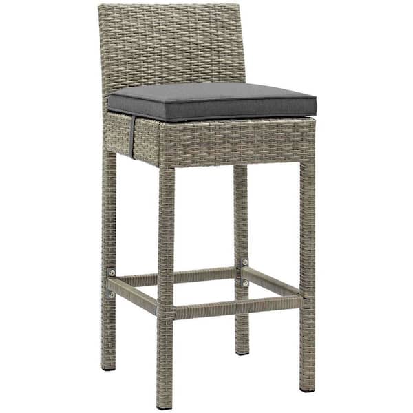 MODWAY Conduit Light Gray Stackable Wicker Rattan Outdoor Bar Stool with Charcoal Cushion