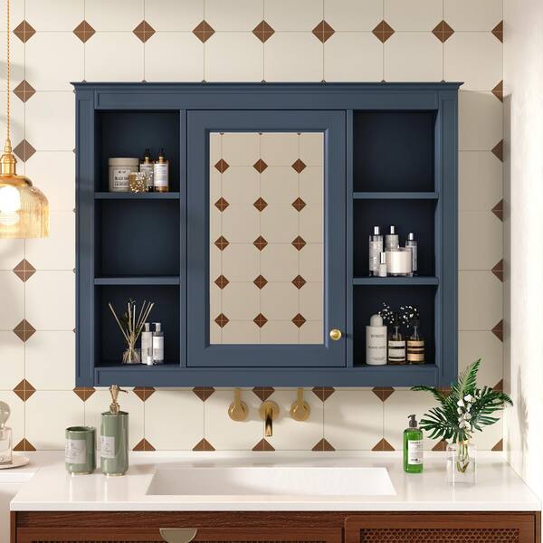 WELLFOR 35 in. W x 27.5 in. H MDF Rectangular Wall Medicine Cabinet with Mirror in Blue