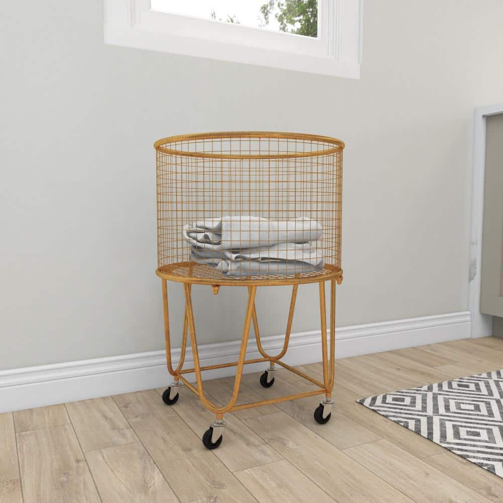 25 in. Gold Deep Set Metal Mesh Laundry Basket Storage Cart with Wheels price history on PriceWatchPro