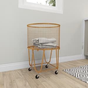 Gold Deep Set Metal Mesh Laundry Basket Storage Cart with Wheels