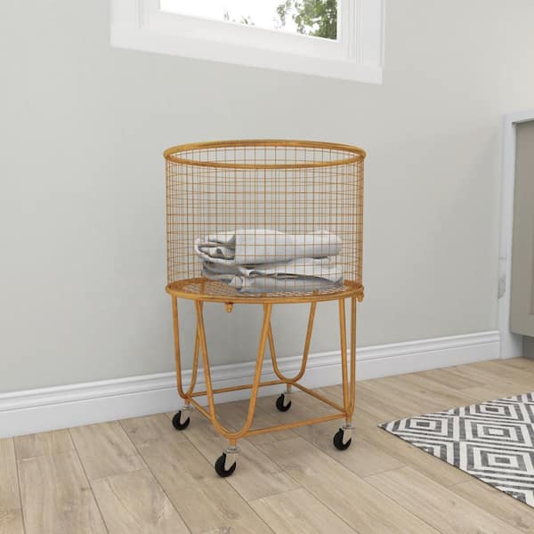 Litton Lane 25 in. Gold Deep Set Metal Mesh Laundry Basket Storage Cart with Wheels