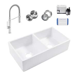 Turner 33 in. Farmhouse Apron Front Undermount Double Bowl White Fireclay Kitchen Sink with Bruton Chrome Faucet Kit