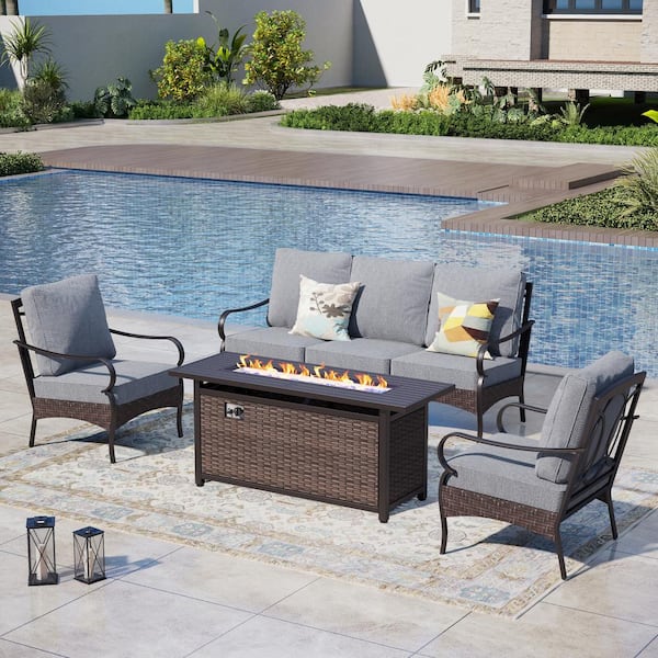 PHI VILLA Rattan 4-Piece 5 Seat Metal Outdoor Patio Conversation Set with Gray Cushions and Fire Pit Table
