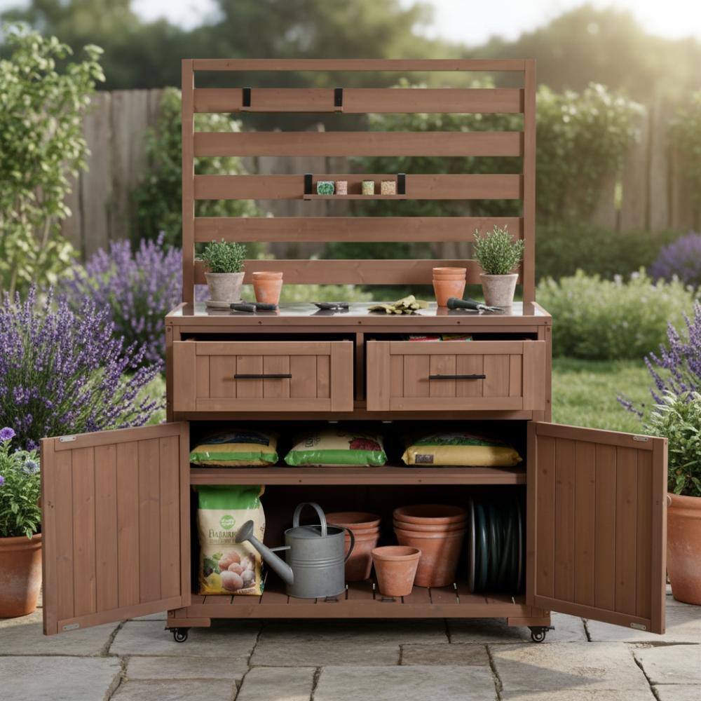 41.7 in. W x 19.3 in. D Brown Wood Potting Bench, Kitchen Island with Stainless Table Top price history on PriceWatchPro
