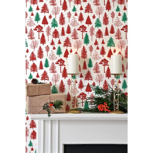 Red and Evergreen Winter Forest Peel and Stick Wallpaper (Covers 30.75 sq. ft.)