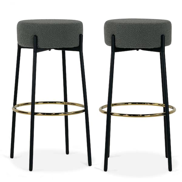 Glamour Home Avon 30 in. Gray Boucle Backless Metal Bar Stool with Black Metal Legs Set of 2