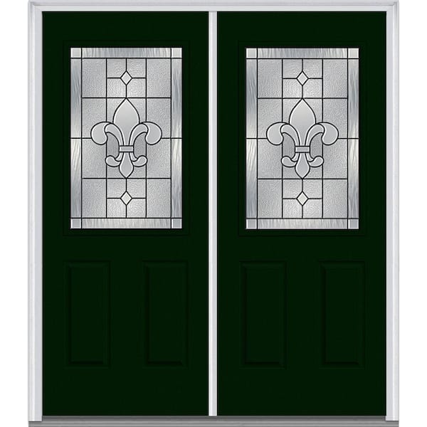MMI Door 74 in. x 81.75 in. Carrollton Decorative Glass 1/2 Lite Painted Fiberglass Smooth Exterior Double Door