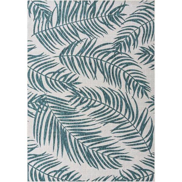Unique Loom Outdoor Botanical Palm Teal Ivory 8 ft. x 11 ft. 4 in. Area Rug