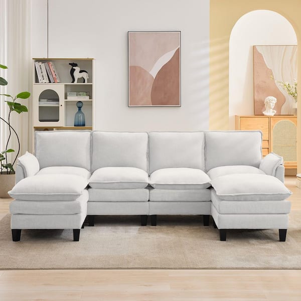 100.79 in. W 6-Piece Modern Velvet Linen Sectional Sofa with Ottoman in Beige