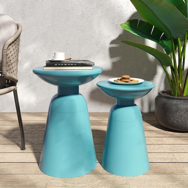 Sudzendf Blue Metal Round Outdoor Side Table 2-Piece