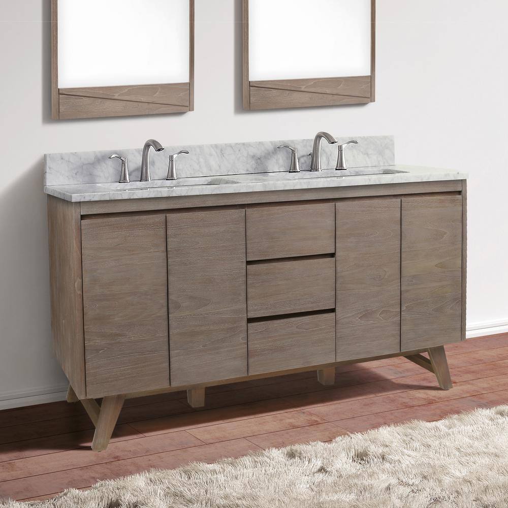 60-Inch Gray Teak Double Freestanding Vanity with Solid Wood Cabinet