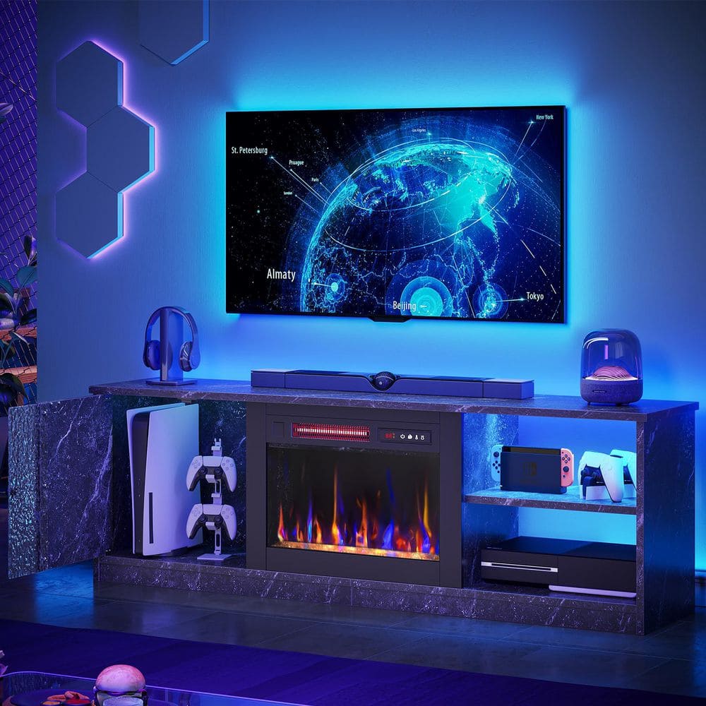 PINMOCO 63 in. Marble Black TV Stand with Electric Fireplace Fits