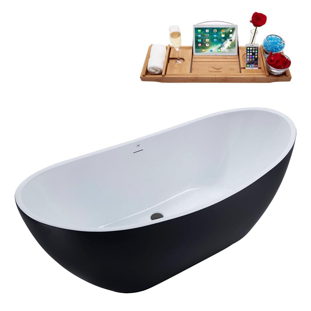 62'' Matte Black Freestanding Acrylic Soaking Bathtub with Tray