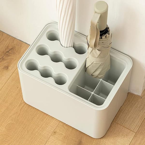 Entryway Metal Umbrella Stand White with Removable Drip Tray Space Saving Organizer Holds 10 Umbrellas Gray