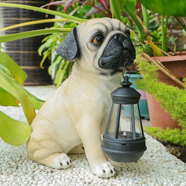 ラブラドライトÀ級の置物です 5 in. x 10 in. Beige Resin Dog Garden Statue with Solar Lantern