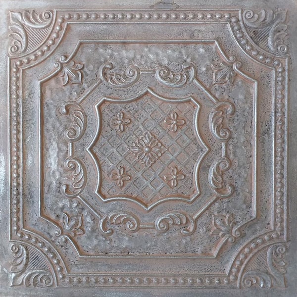 FROM PLAIN TO BEAUTIFUL IN HOURS Elizabethan Shield Weathered Iron 2 ft. x 2 ft. PVC Glue Up or Lay In Faux Tin Ceiling Tile (40 sq. ft./case)
