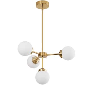 Gold Chandelier Lighting 4-Light Globe Sputnik Chandelier Milk Glass Shade Modern Mid Century Pendant Light Fixture
