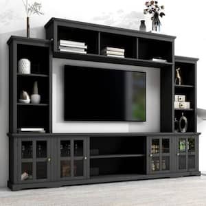 Entertainment Wall Unit with Bridge, Modern Console Table, TV Stand Fits TV's up to 66 in., with Glass Door, Black