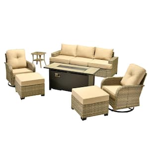 Daisy 9-Piece Wicker Rectangular Fire Pit Sets and Swivel Rocking Chairs with Beige Cushion