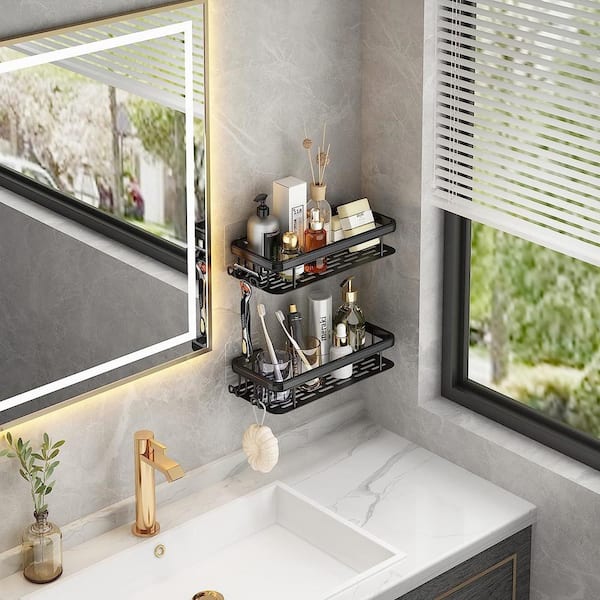 Brushed Gold Bathroom Shelf with Hooks Aluminum Rectangle Kitchen Bathroom  Shower Gel Soap Shampoo Storage Organizer Rack Holder