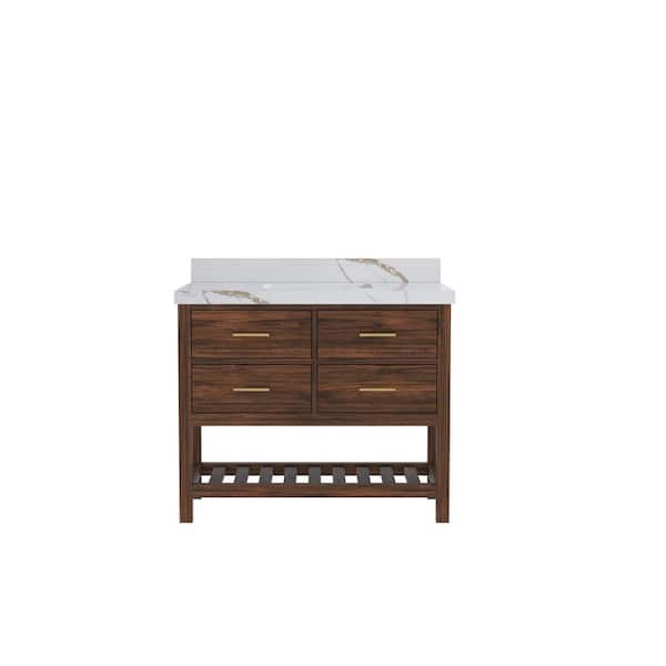 Willow Collections Parket Teak 42 in. W x 22 in. D x 36 in. H Single Sink Bath Vanity in Dark Walnut with Calacatta Gold Quartz Top