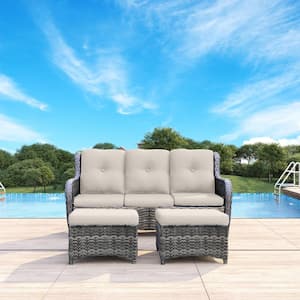 Wicker Outdoor Patio Sofa Sectional Set with Beige Cushions and Ottoman