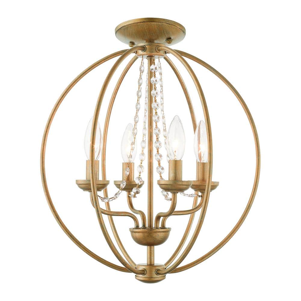 Antique Gold Leaf 4-Light Mini Chandelier with Draping Crystals