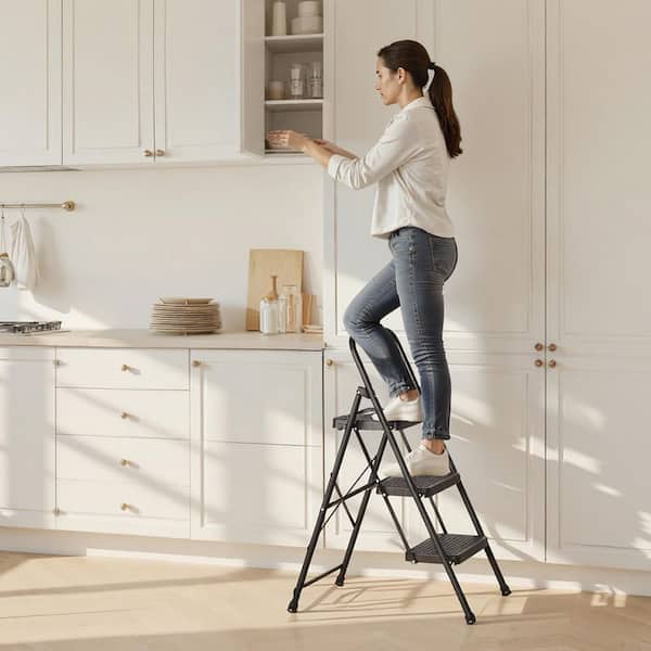 3 Step Ladder, Black, Lightweight 600 lbs. Capacity Portable Steel Ladder, Folding Step Stool with Wide Anti-Slip Pedal