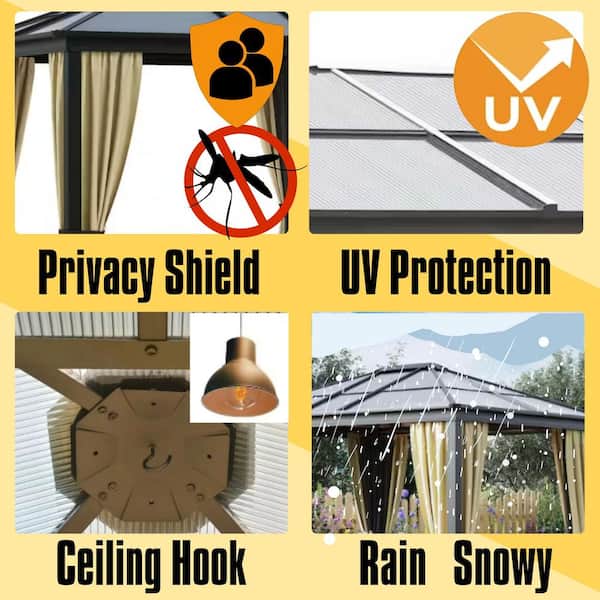 10 ft. x 12 ft. Hardtop Gazebo Canopy with Polycarbonate Roof, Aluminum Frame with Netting and Curtains