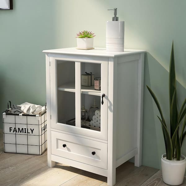 22.05 in. W x 14.37 in. D x 31.69 in. H Buffet Storage Cabinet with Single Glass Doors and Unique Bell Handle in White
