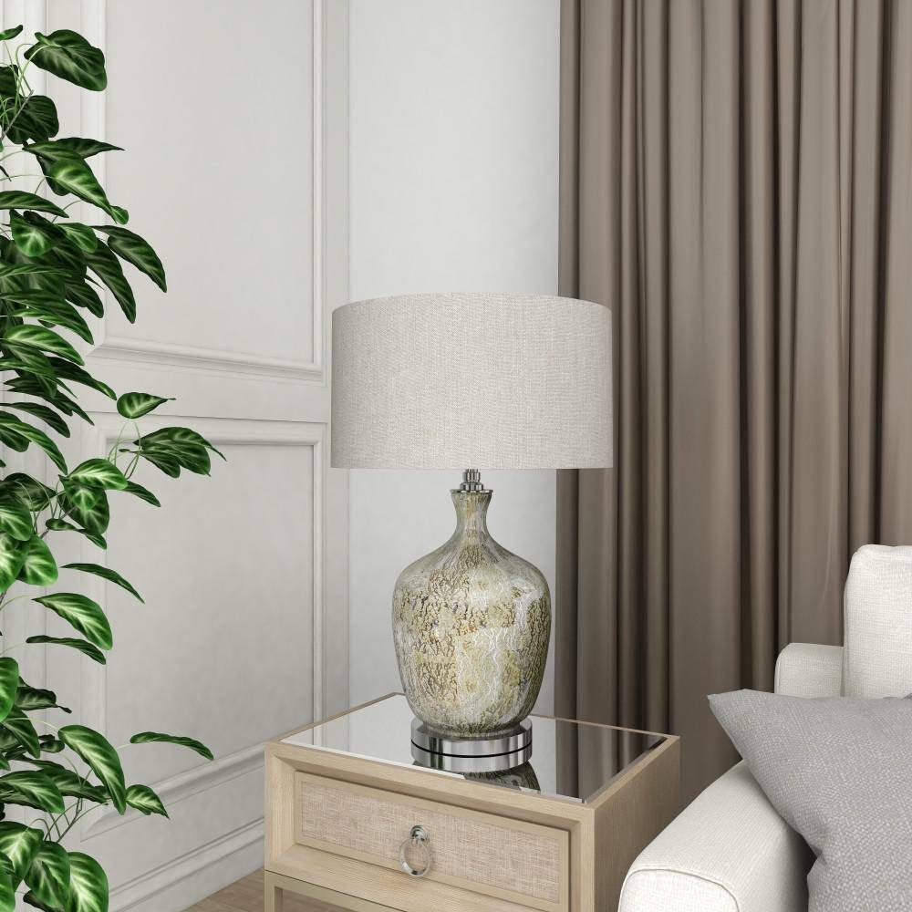 Silver Mercury Glass Table Lamp with Beige Linen Shade