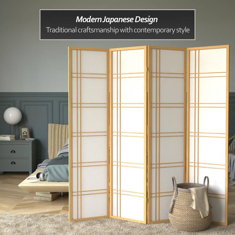 Natural Wood and Shoji Rice Paper 4-Panel Room Divider
