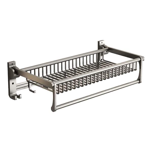 Amucolo 23.6 in. Gray Wall Mounted Foldable Towel Rack Towel Storage Towel Shelf for Bathroom with Towel Bar Hooks