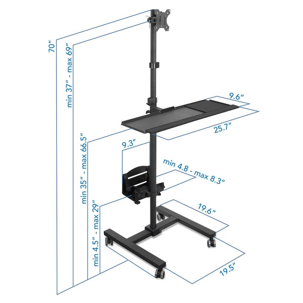 Black Height Adjustable Mobile Computer Cart with Monitor Mount and CPU Holder