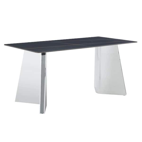 Unbranded Elegant Patio Black Marble-Patterned Dining Table with Stainless Steel Butterfly Legs 63 in. x 31.5 in. x 30 in.