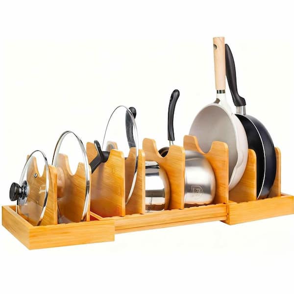 Natural Bamboo Freestanding Expandable Organizer Pot Rack Adjustable Dividers for Kitchen Cabinet Organizers and Storage