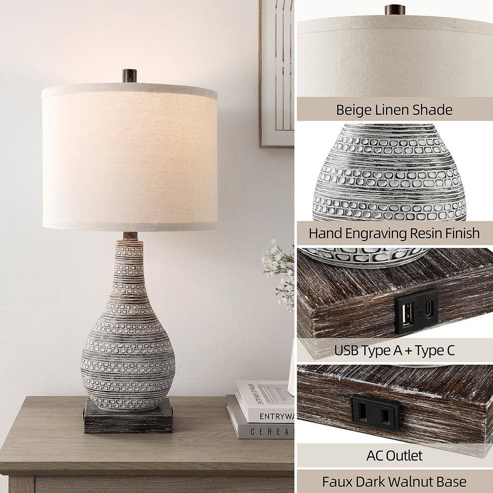 Sana 24'' Distressed Brown Farmhouse Table Lamp Set with USB Ports