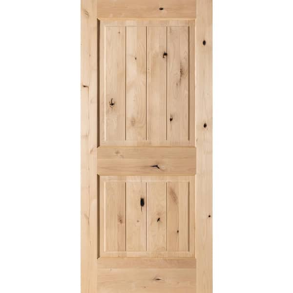 Krosswood Doors 28 in. x 80 in. Rustic Knotty Alder 2-Panel Square Top V-Groove Unfinished Wood Front Door Slab