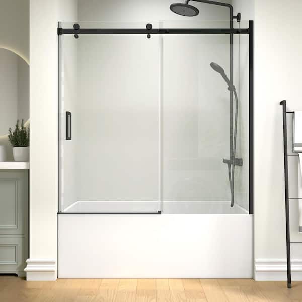 imperiol Modern 60 in. W x 58 in. H Single Sliding Frameless Tub Door in Matte Black Finish with 5/16 in. (8mm) Clear Glass