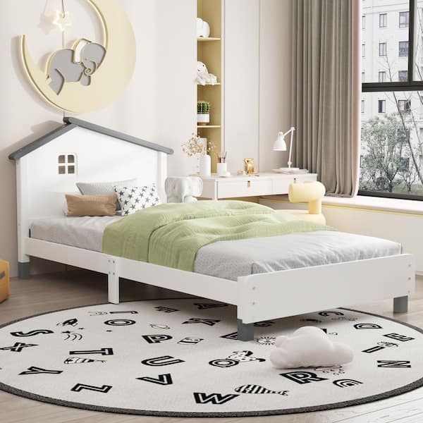 Harper & Bright Designs White and Gray Twin Size Wooden Platform Bed with House-Shaped Headboard